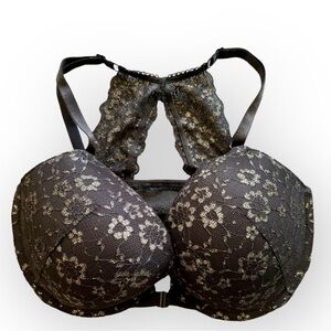 Victoria’s Secret Gold Black Lace Push Up Bra Racer Back Size 32DD Front closure